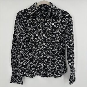 Samuel Dong Shirt Womens Small Black White Sheer Embroidered Geometric Top